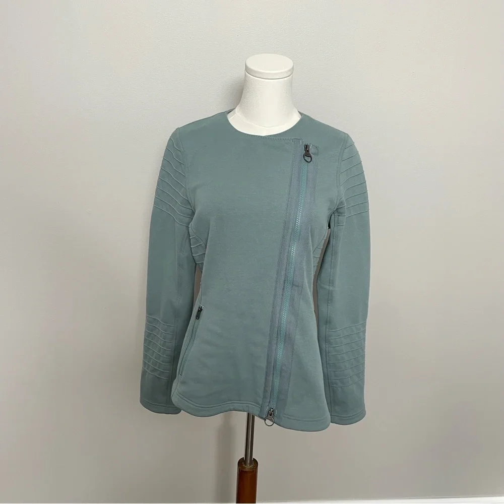Athleta Moto Jacket Sweatshirt Knit Fleece Lined Zipper Pockets Minimalist Green